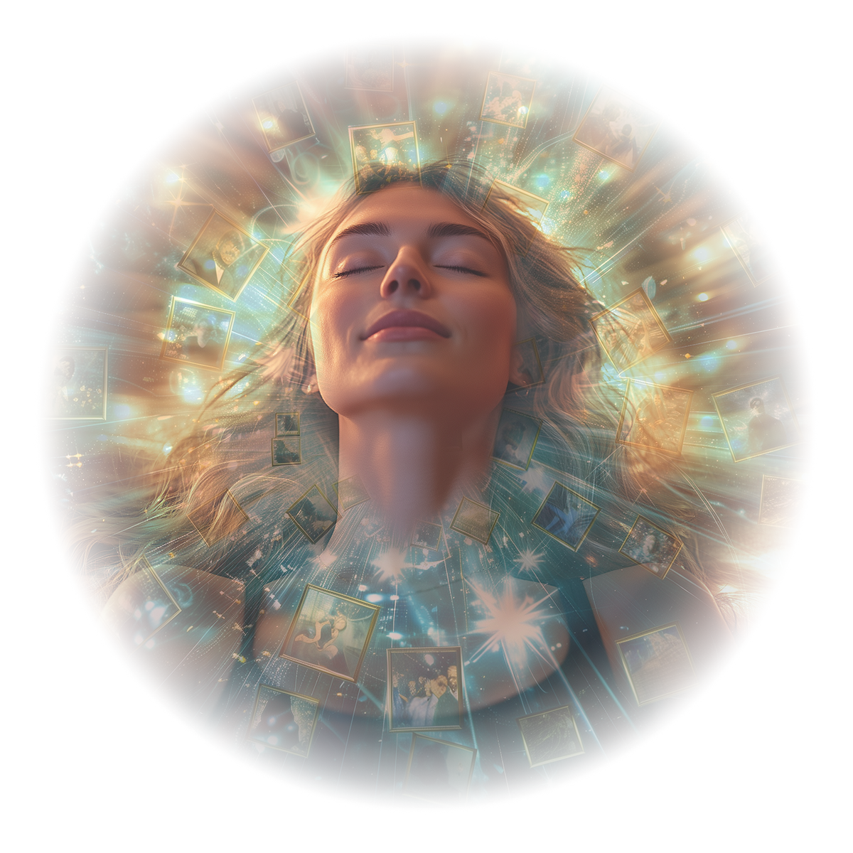 woman receiving energy from healing array of quantum-charged photos